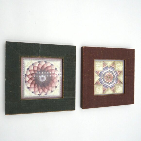 Set 2 Rustic Quilted Pattern Wall Art 7.5" Wooden Frames Large Star Dahlia - Picture 6 of 10